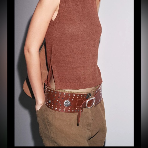 Zara leather wide belt with metal flower & studs main image 13